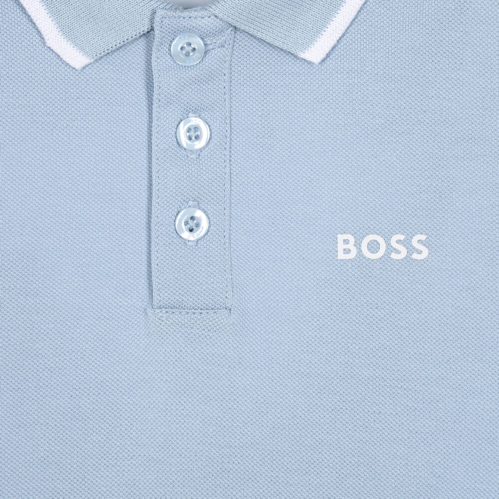 BOSS-Boys Pale Blue Piqué Logo Polo Shirt | Childrensalon