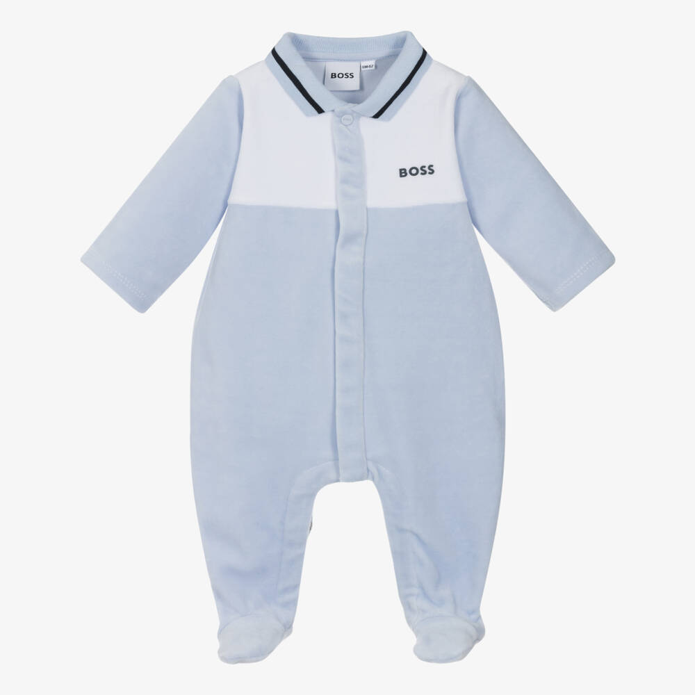 BOSS-Boys Pale Blue Velour Babygrow with Ribbed Collar | Childrensalon