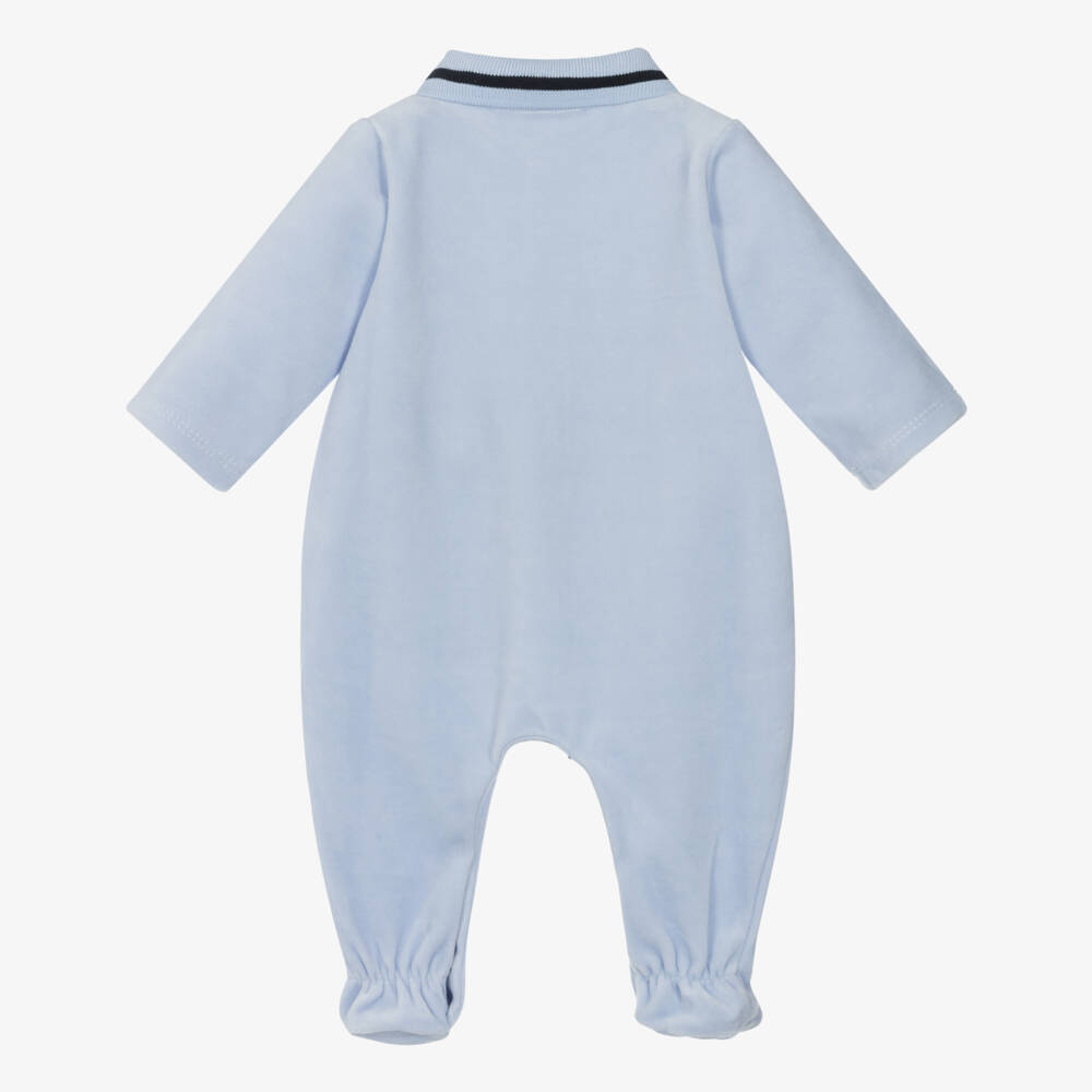 BOSS-Boys Pale Blue Velour Babygrow with Ribbed Collar | Childrensalon