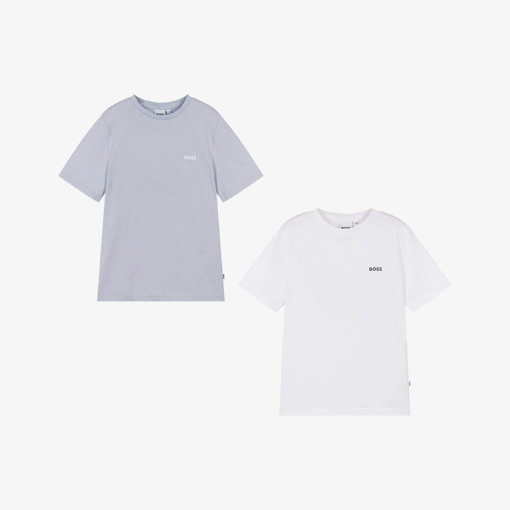 BOSS-تيشيرت قطن بشعار لون أزرق وأبيض للأولاد (عدد 2) | Childrensalon