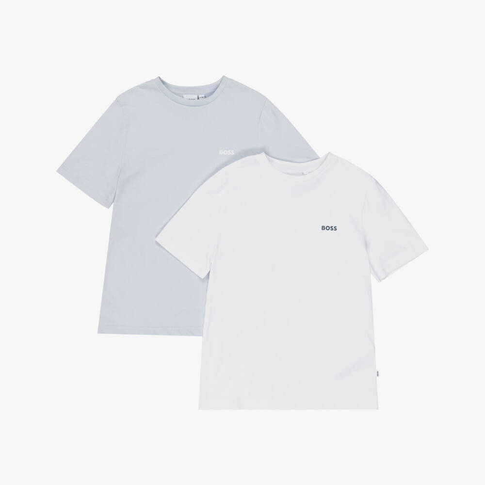 BOSS-Boys Pale Blue & White Cotton Logo T-Shirts (2 Pack) | Childrensalon