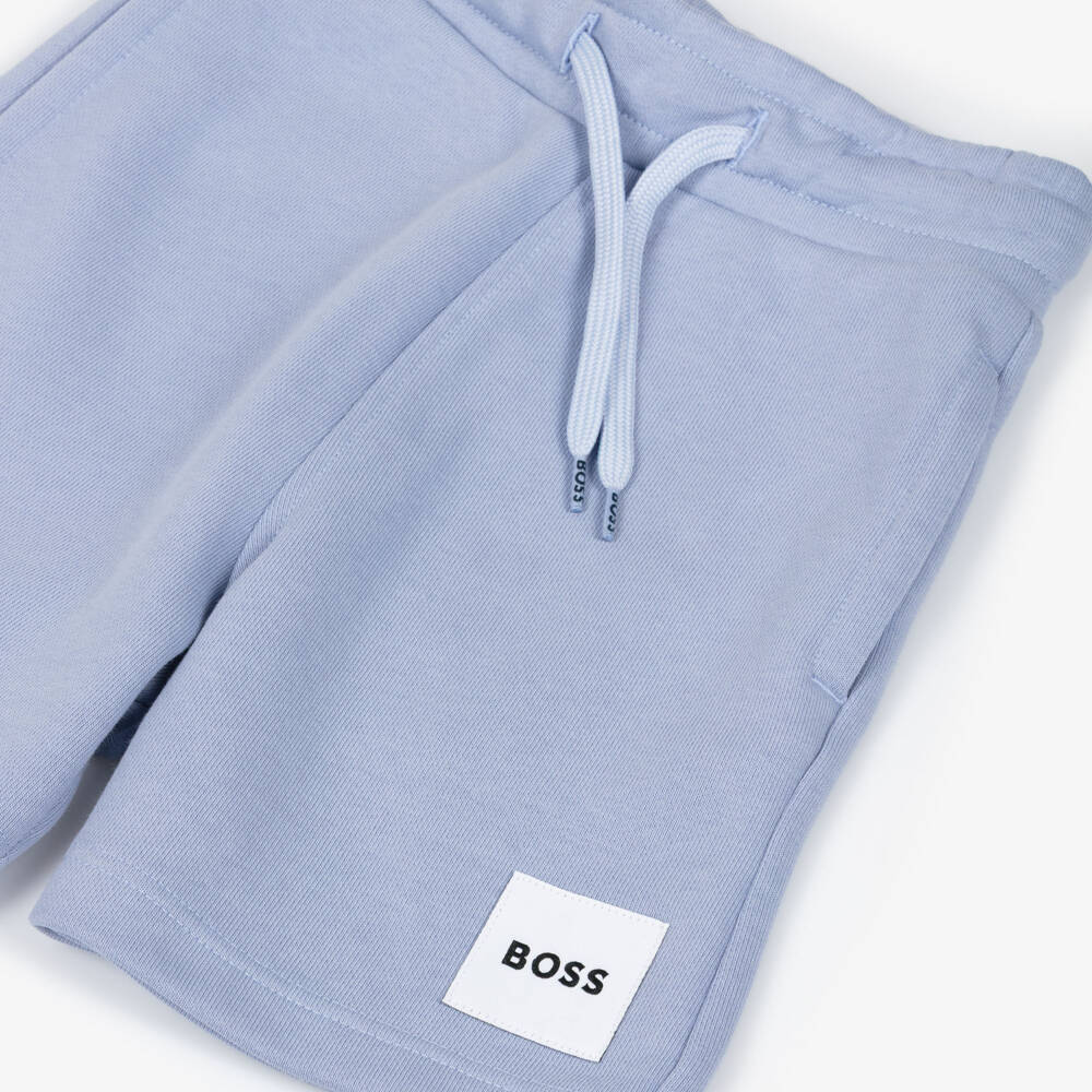 BOSS-Boys Powder Blue Cotton Jersey Shorts with Patch Logo | Childrensalon