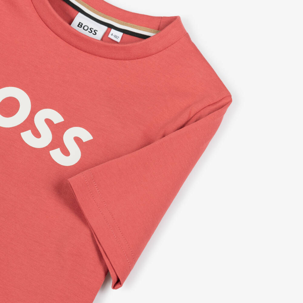 BOSS-Boys Red Cotton Crew Neck T-Shirt with Logo Print | Childrensalon