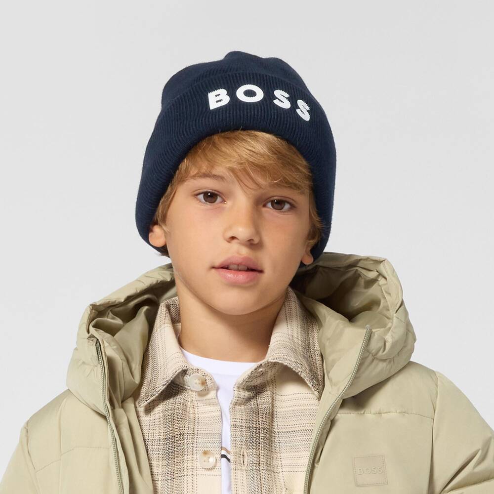 BOSS-Boys Ribbed Knit Beanie Hat in Dark Navy Blue | Childrensalon