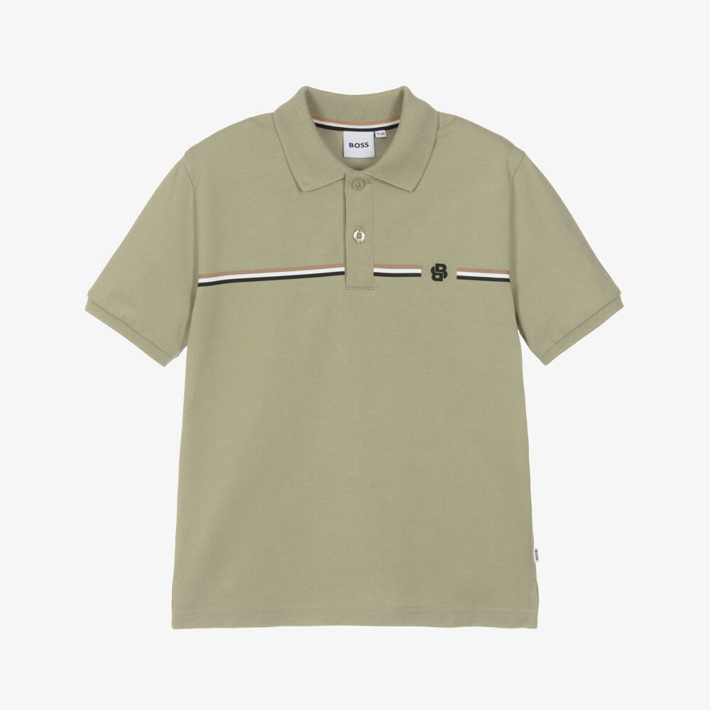 BOSS-Boys Sage Green Cotton Piqué Polo Shirt | Childrensalon