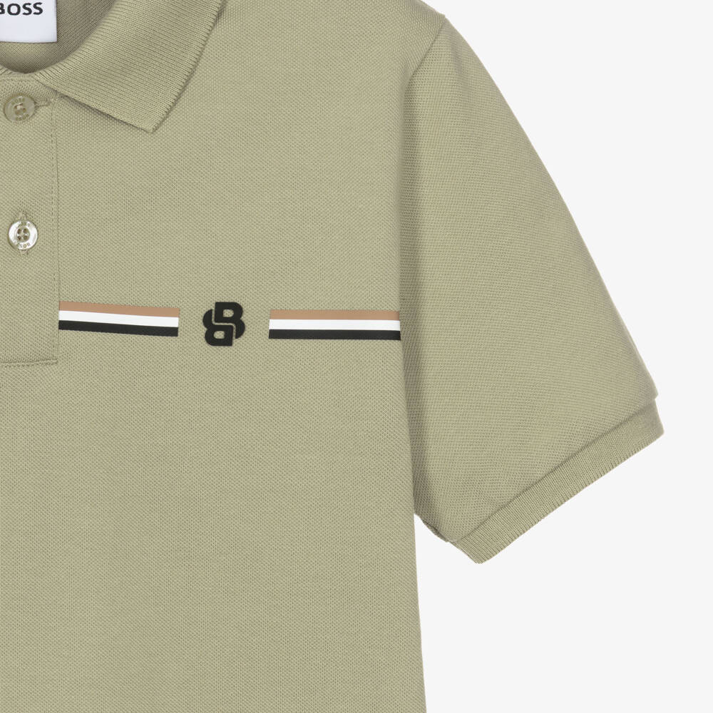 BOSS-Boys Sage Green Cotton Piqué Polo Shirt | Childrensalon