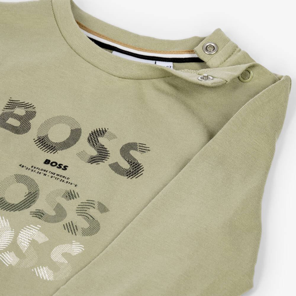 BOSS-Boys Sage Green Cotton Triple Logo Print Top | Childrensalon