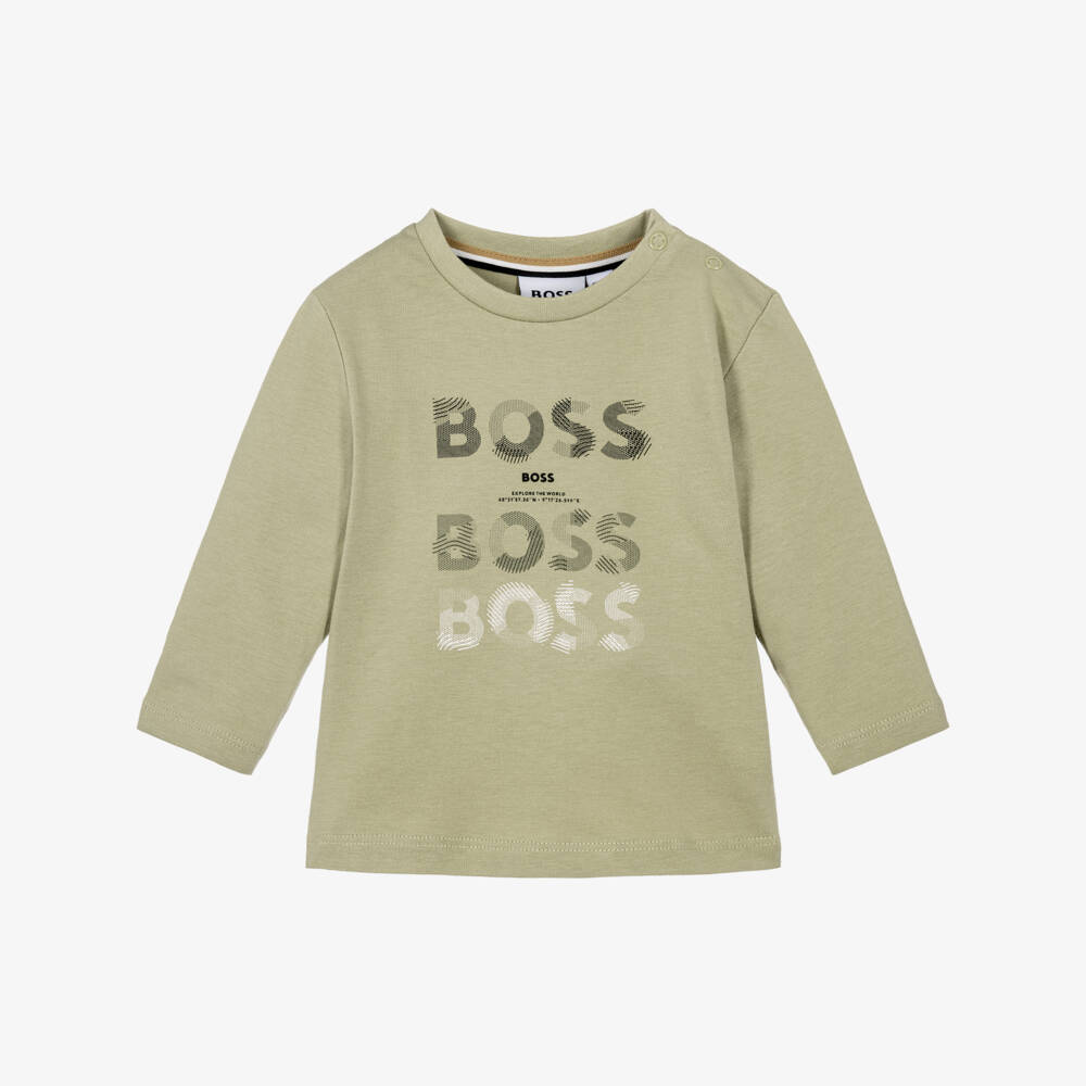 BOSS-Boys Sage Green Cotton Triple Logo Print Top | Childrensalon