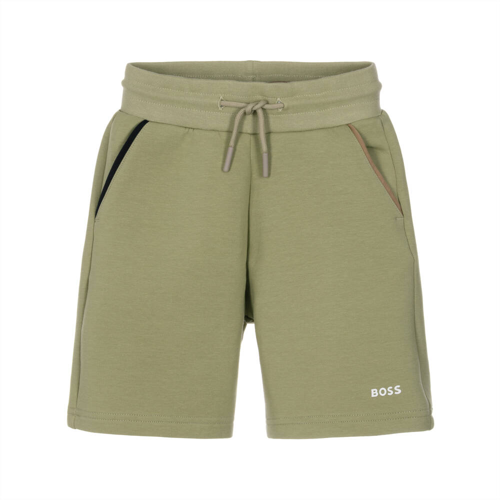 BOSS-Boys Sage Green Jersey Logo Shorts | Childrensalon