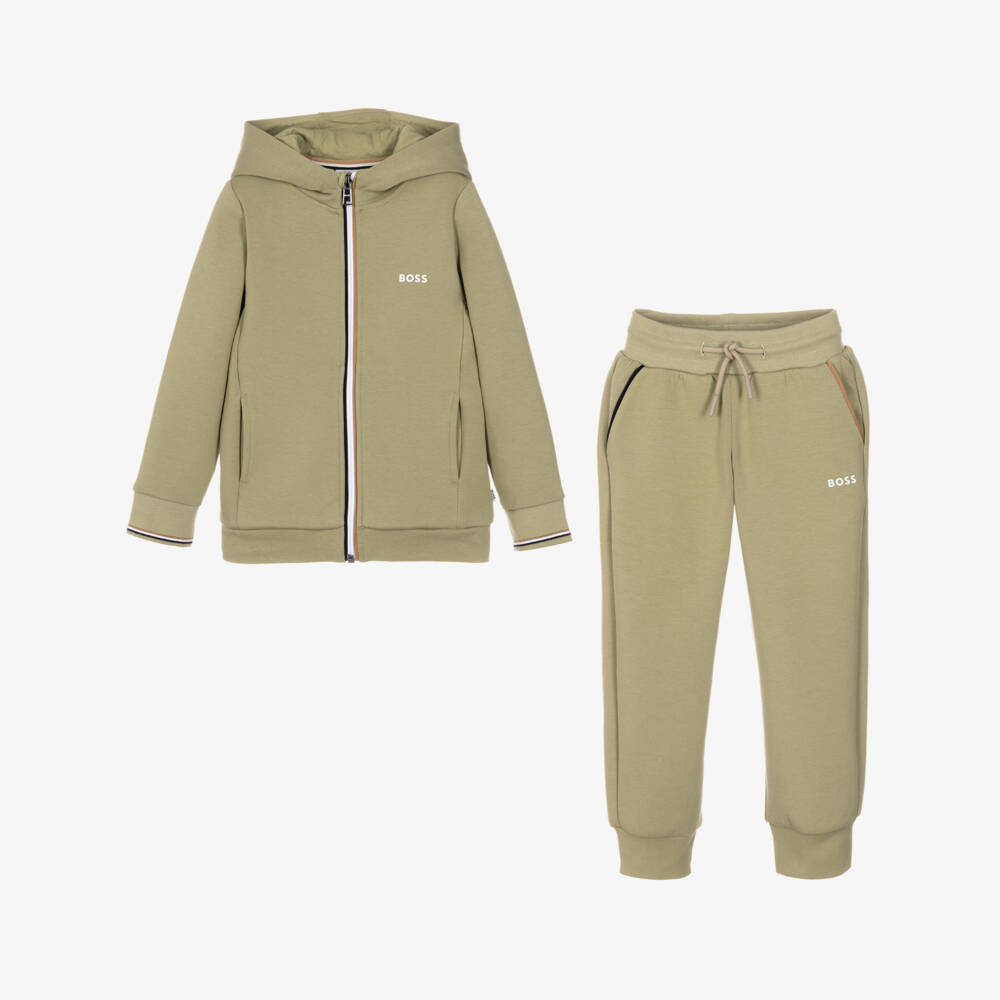 BOSS-Boys Sage Green Logo Tracksuit with Signature Trims | Childrensalon