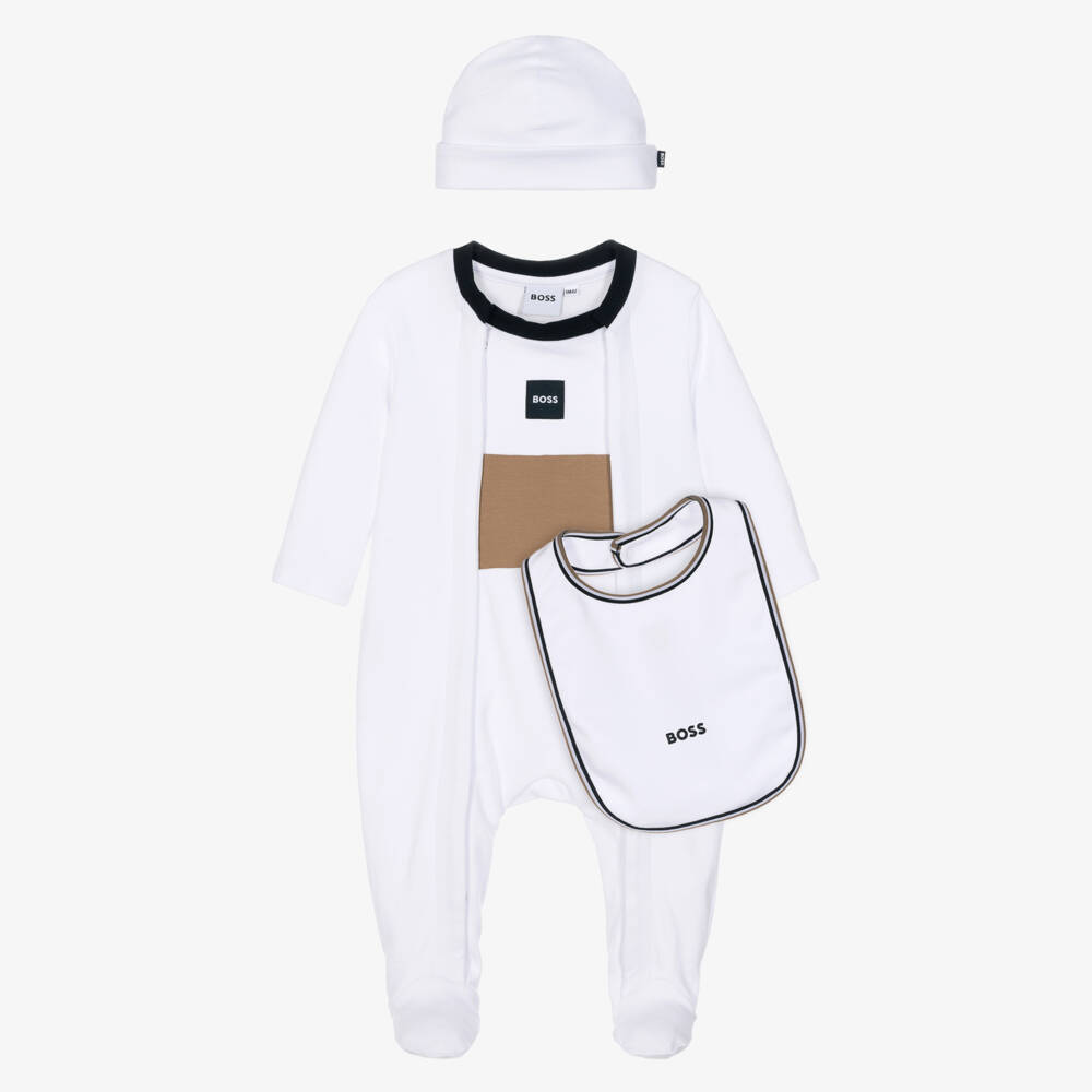 BOSS-Boys White Babysuit, Hat & Bib Set | Childrensalon