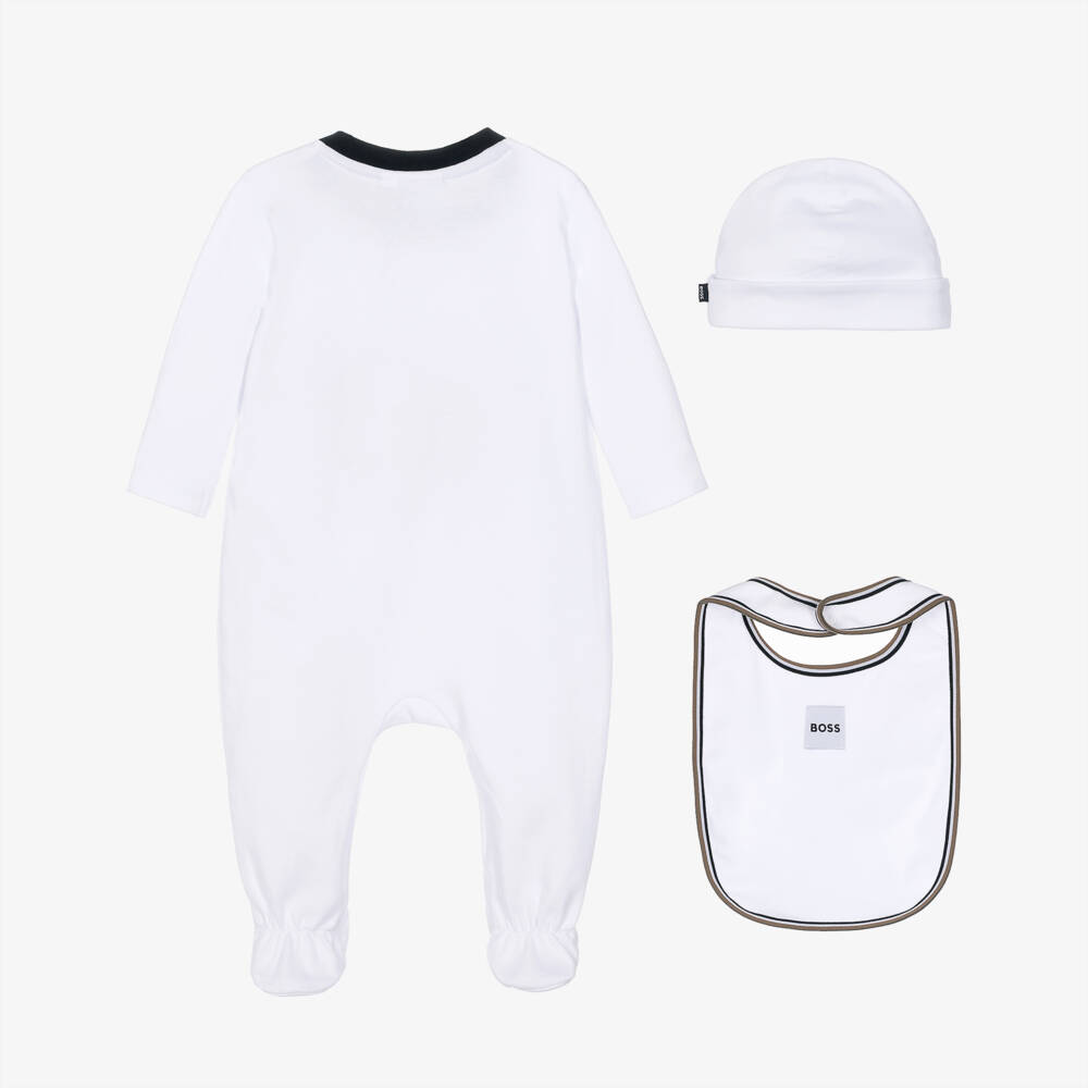 BOSS-Boys White Babysuit, Hat & Bib Set | Childrensalon