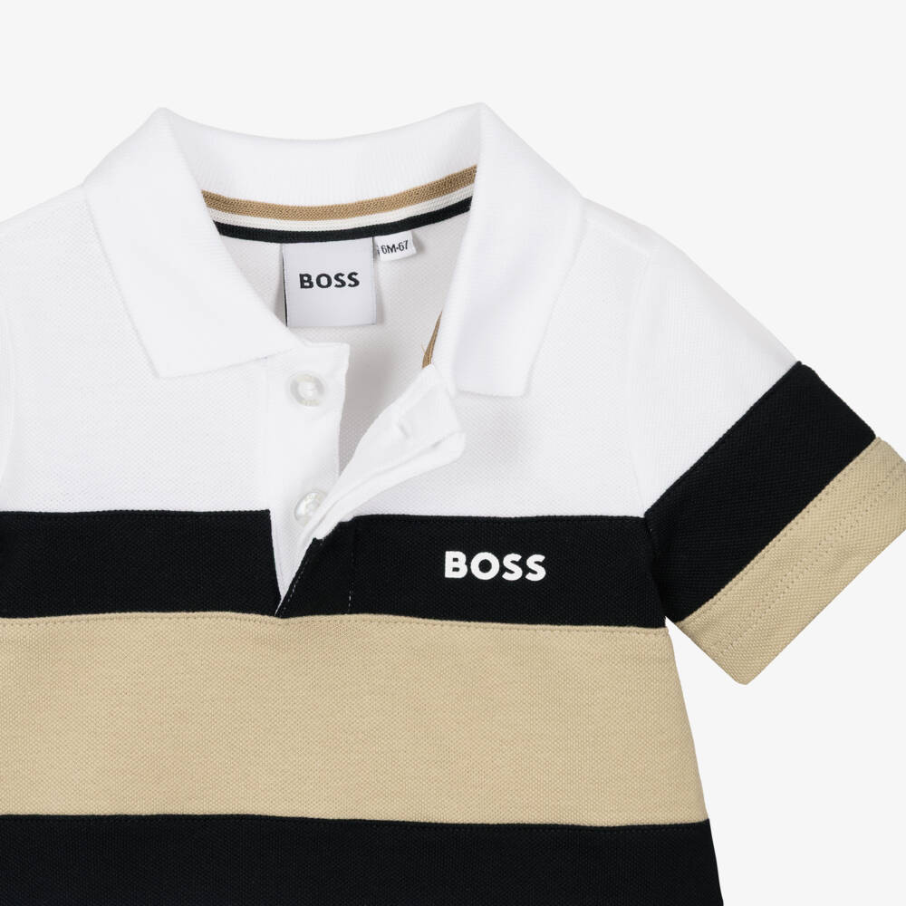 BOSS-Рубашка поло бело-бежевый цветоблок для мальчиков | Childrensalon