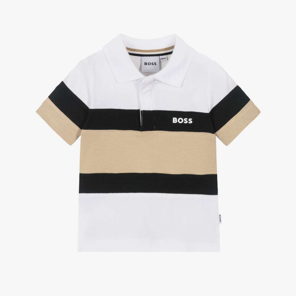 BOSS-Рубашка поло бело-бежевый цветоблок для мальчиков  | Childrensalon
