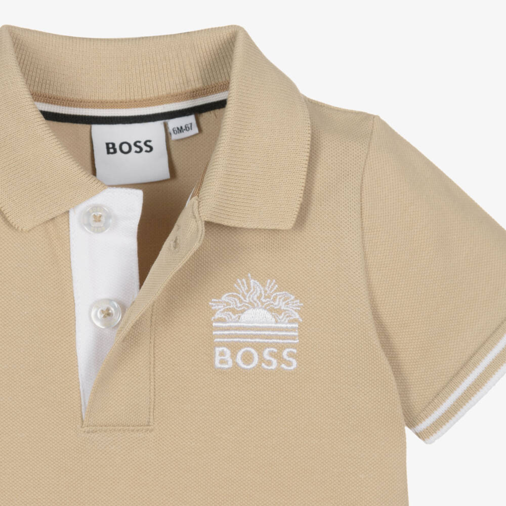 BOSS-Boys White & Beige Cotton Piqué Shorts Set with Logos | Childrensalon