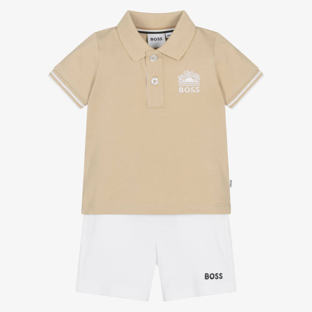 BOSS-Boys White & Beige Cotton Piqué Shorts Set with Logos | Childrensalon