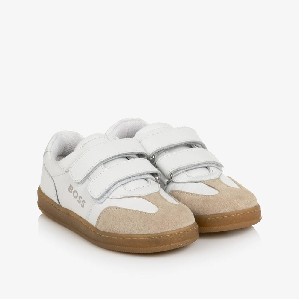 BOSS-Boys White & Beige Velcro Trainers | Childrensalon