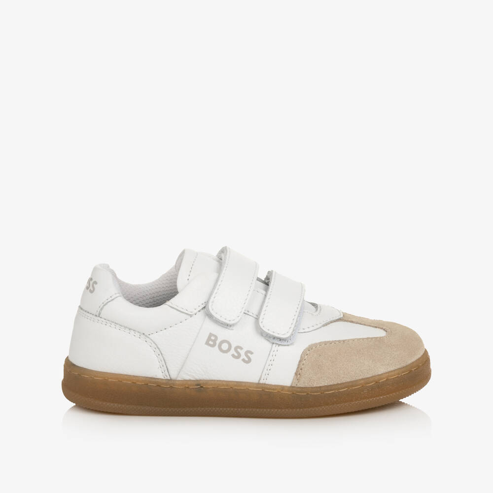 BOSS-Boys White & Beige Velcro Trainers | Childrensalon