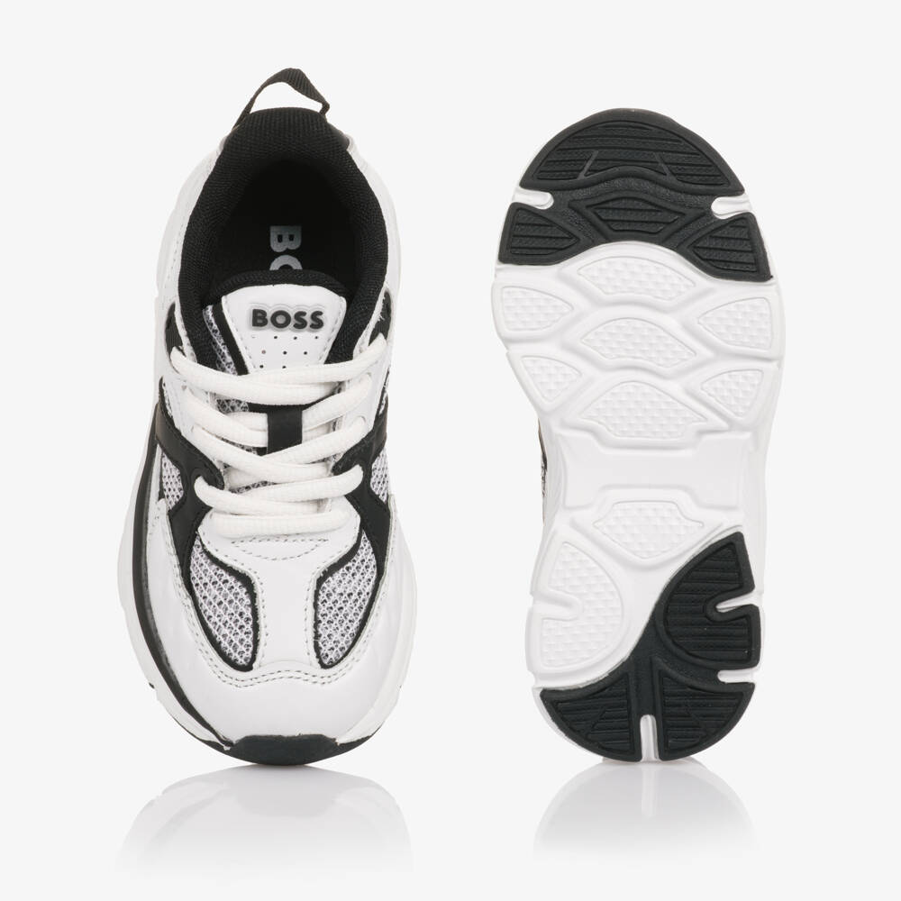 BOSS-Кроссовки бело-черные из кожи на шнуровке с сеткой для мальчиков | Childrensalon