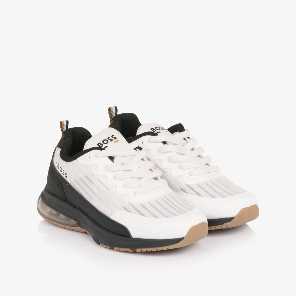 BOSS-Boys White & Black Logo Mesh Trainers | Childrensalon