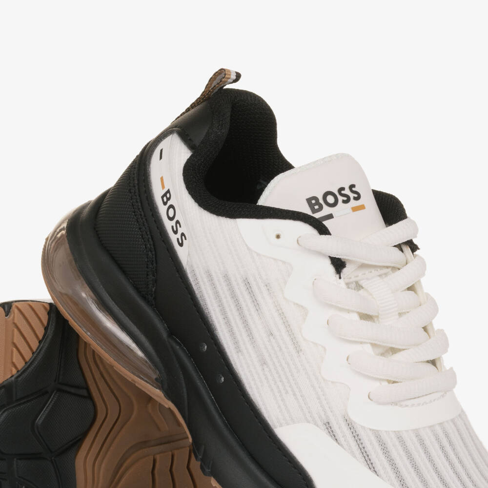 BOSS-Boys White & Black Logo Mesh Trainers | Childrensalon
