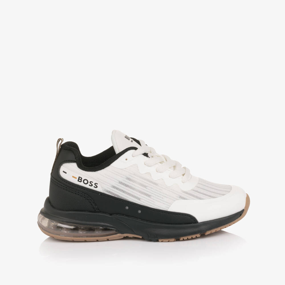 BOSS-Boys White & Black Logo Mesh Trainers | Childrensalon