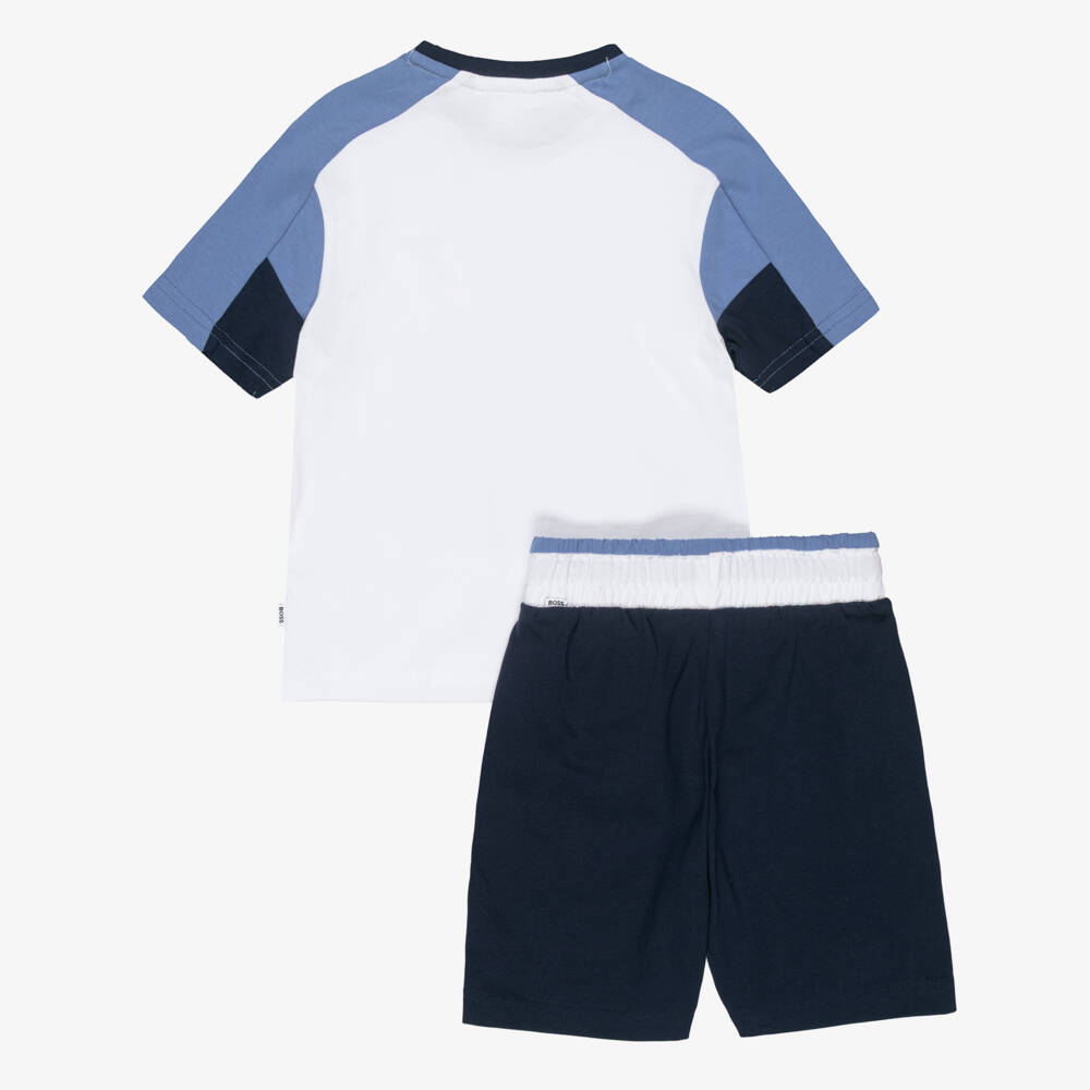 BOSS-طقم شورت قطن لون أبيض وأزرق للأولاد | Childrensalon