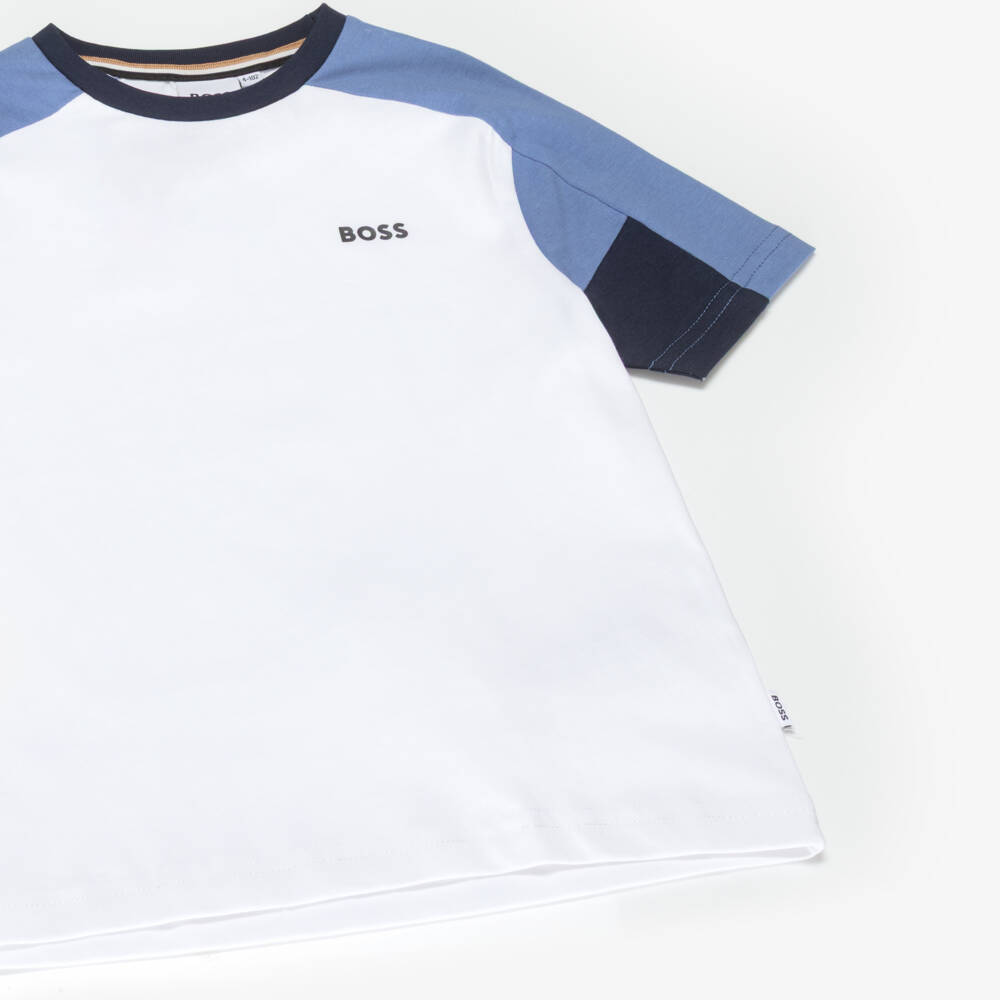 BOSS-طقم شورت قطن لون أبيض وأزرق للأولاد | Childrensalon