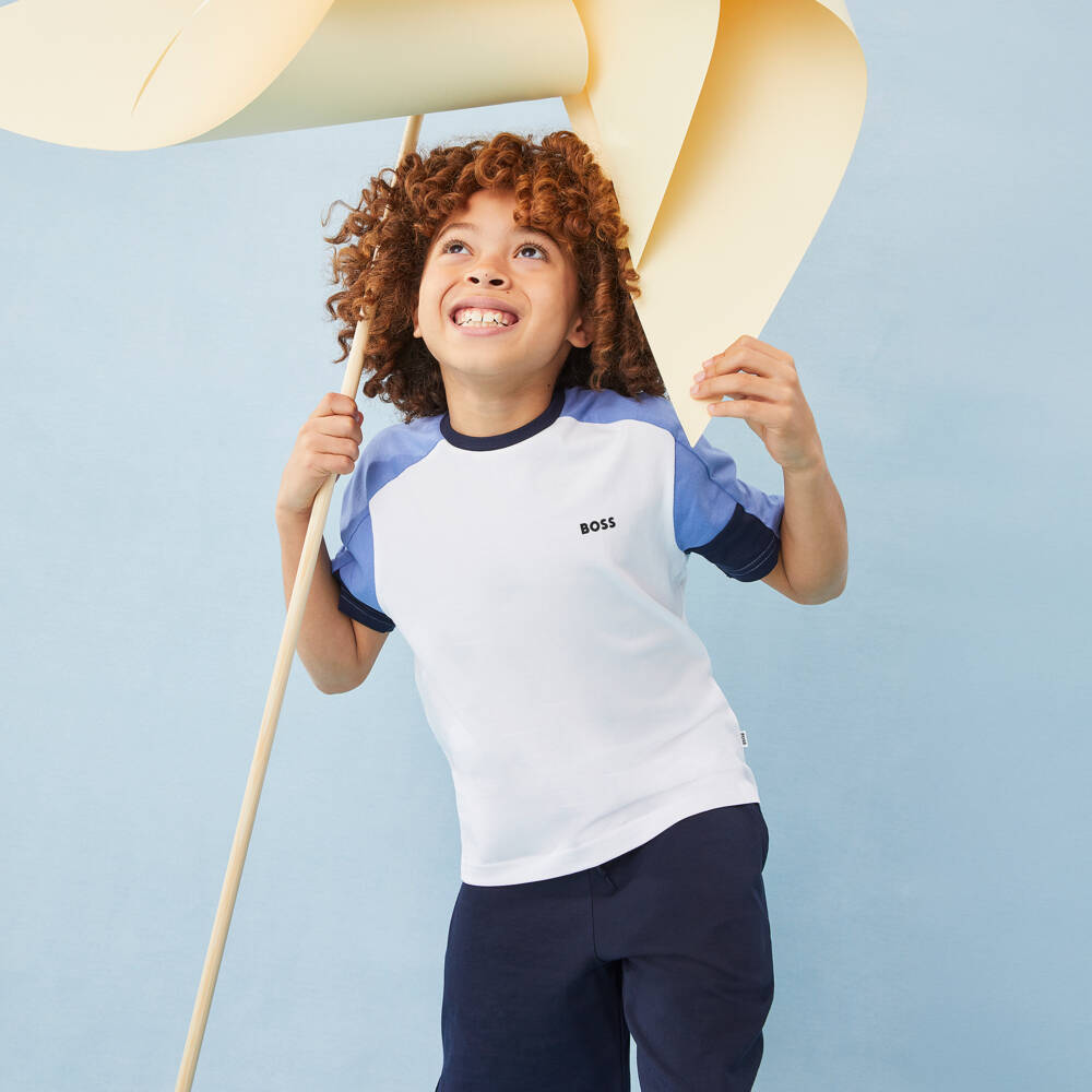 BOSS-Boys White & Blue Cotton Colourblock Shorts Set | Childrensalon