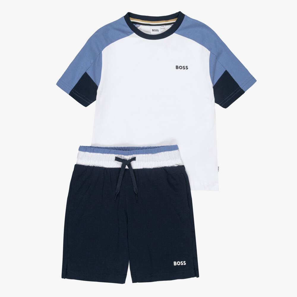 BOSS-طقم شورت قطن لون أبيض وأزرق للأولاد | Childrensalon