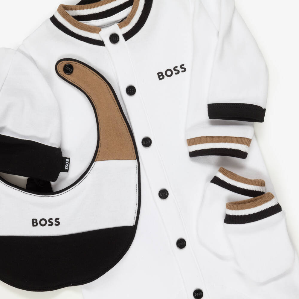 BOSS-Boys White Cotton Babysuit Gift Set with Signature Stripes | Childrensalon