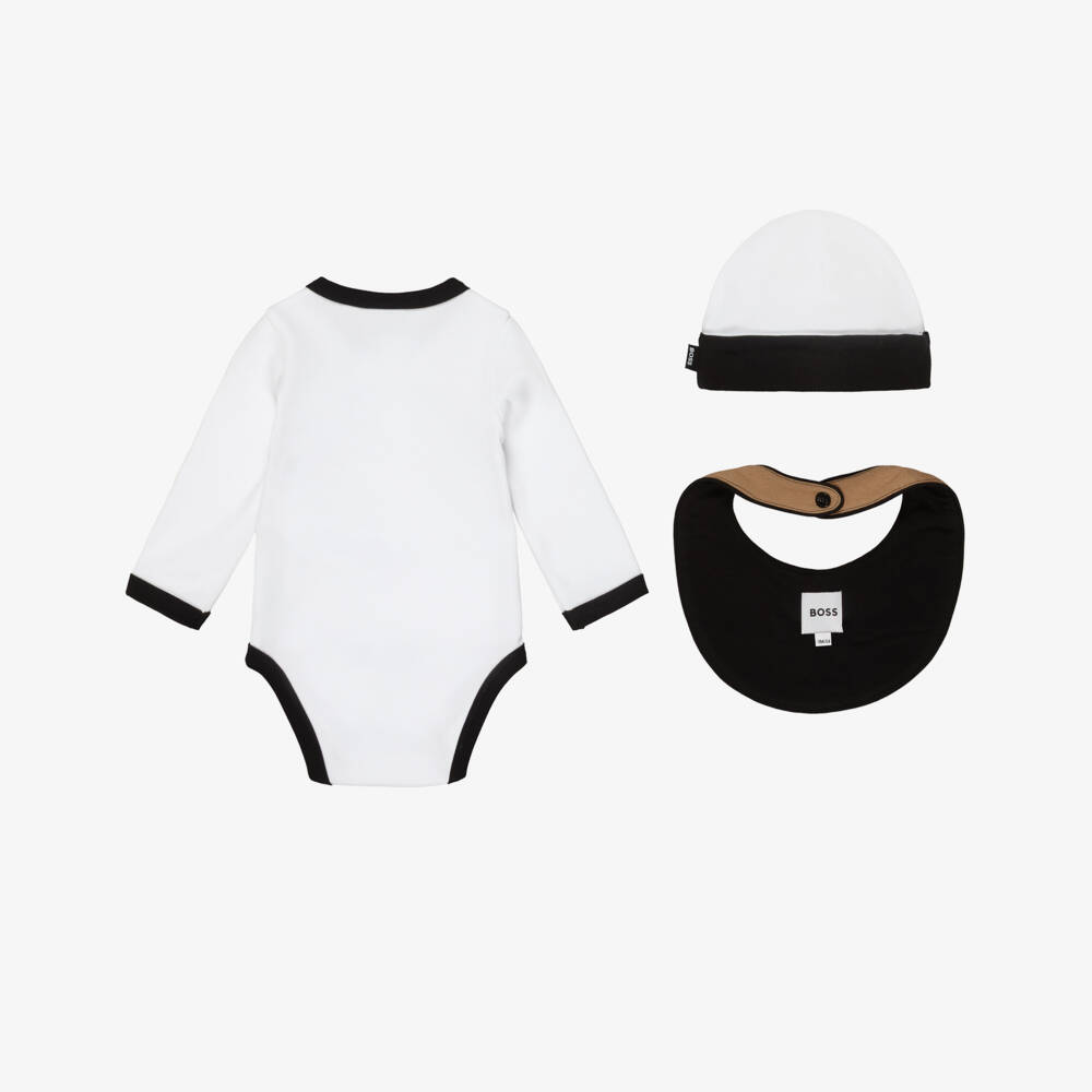 BOSS-Boys White Cotton Babysuit Gift Set with Signature Stripes | Childrensalon