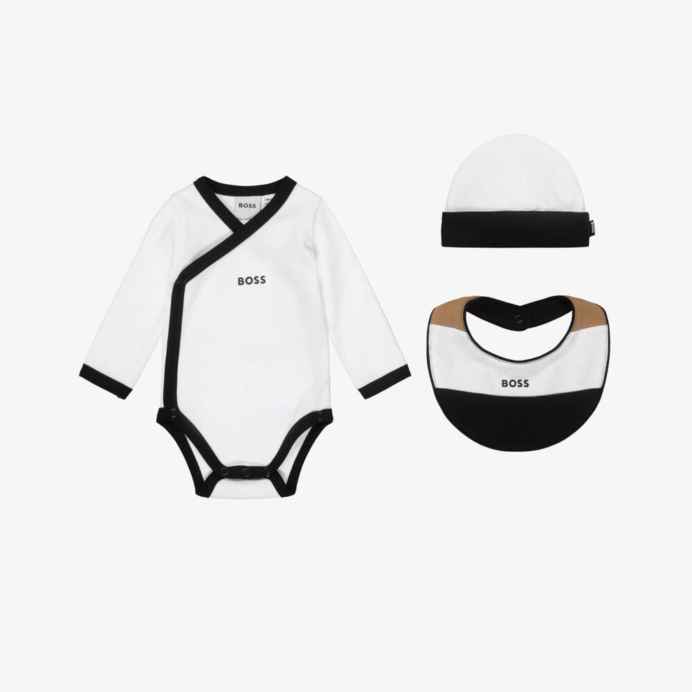 BOSS-Boys White Cotton Babysuit Gift Set with Signature Stripes | Childrensalon