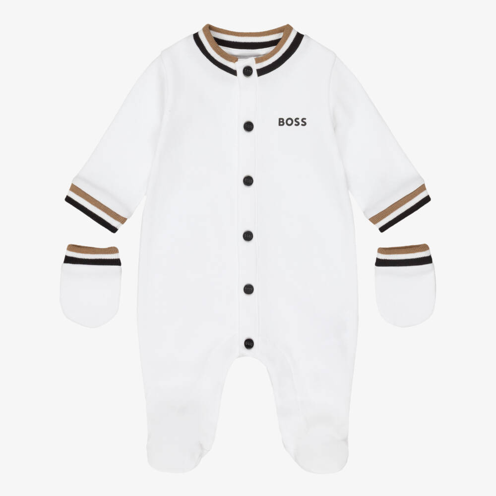BOSS-Boys White Cotton Babysuit Gift Set with Signature Stripes | Childrensalon