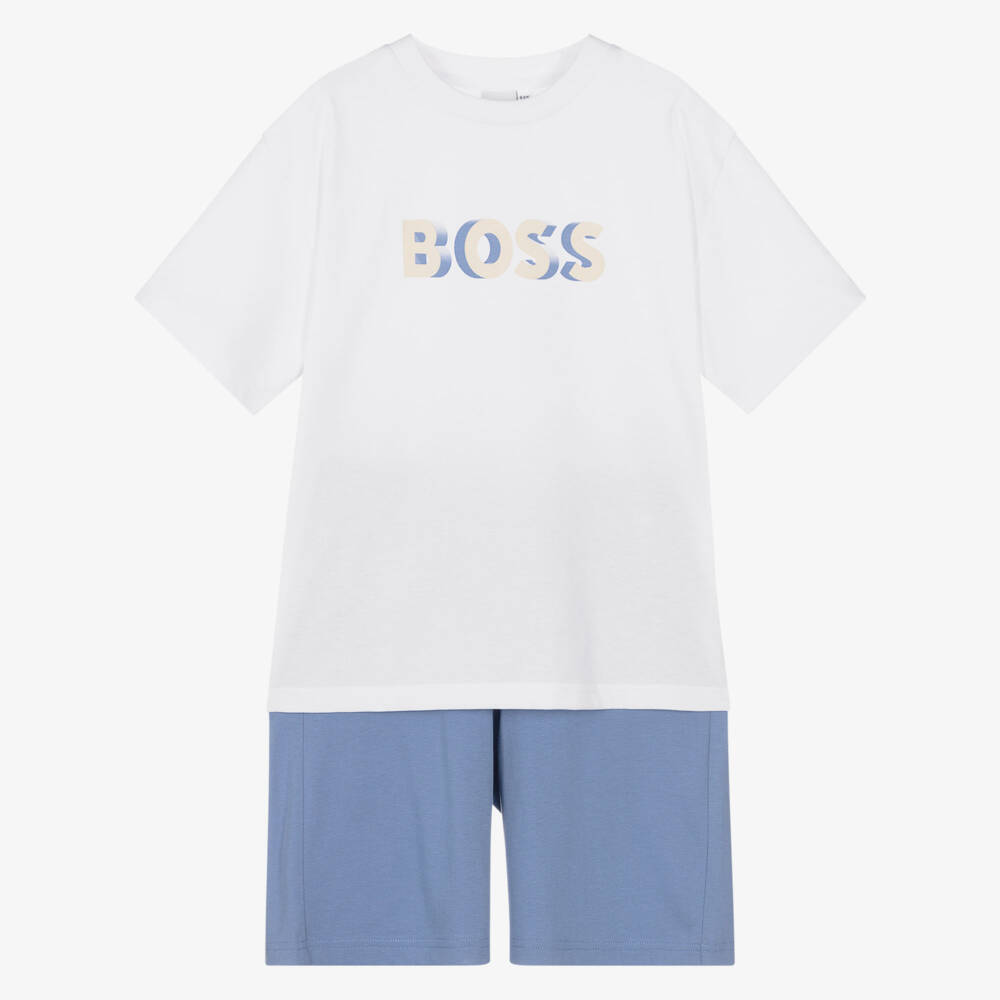 BOSS-Boys White Cotton Jersey Bermuda Shorts Set with Logo | Childrensalon