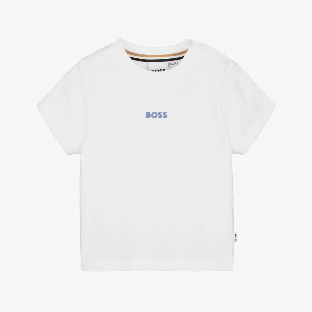 BOSS-Boys White Cotton Jersey T-Shirt with Back Logo Print | Childrensalon