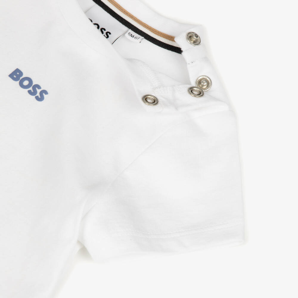 BOSS-Boys White Cotton Jersey T-Shirt with Back Logo Print | Childrensalon