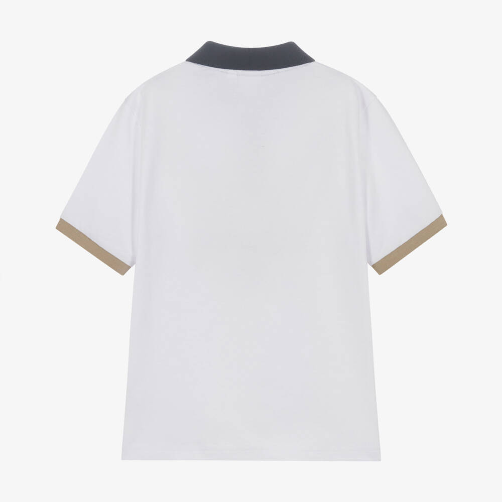 BOSS-Boys White Cotton Logo Polo Shirt with Blue & Beige Trims | Childrensalon