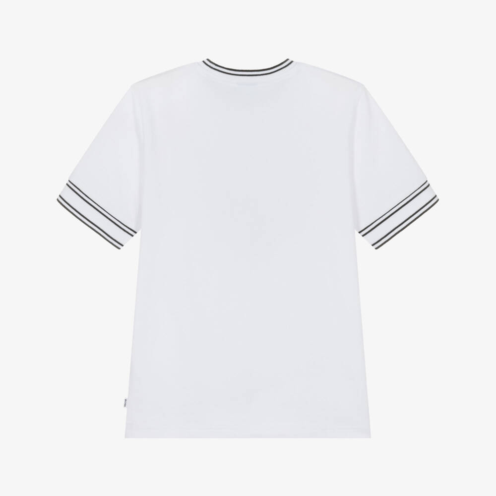 BOSS-Boys White Cotton Piqué Logo T-Shirt with Black Tipping | Childrensalon
