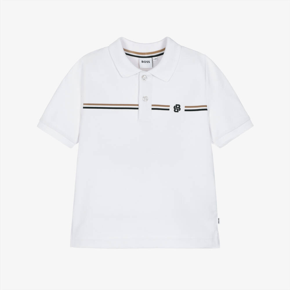 BOSS-Boys White Cotton Piqué Polo Shirt | Childrensalon
