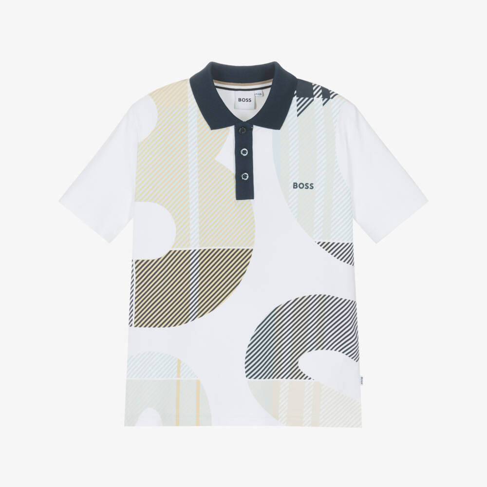 BOSS-Boys White Cotton Piqué Polo Shirt With Abstract Logo | Childrensalon