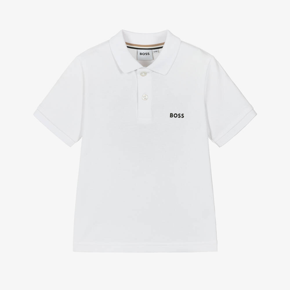 BOSS-Boys White Cotton Piqué Polo Shirt with Logo on the Back | Childrensalon