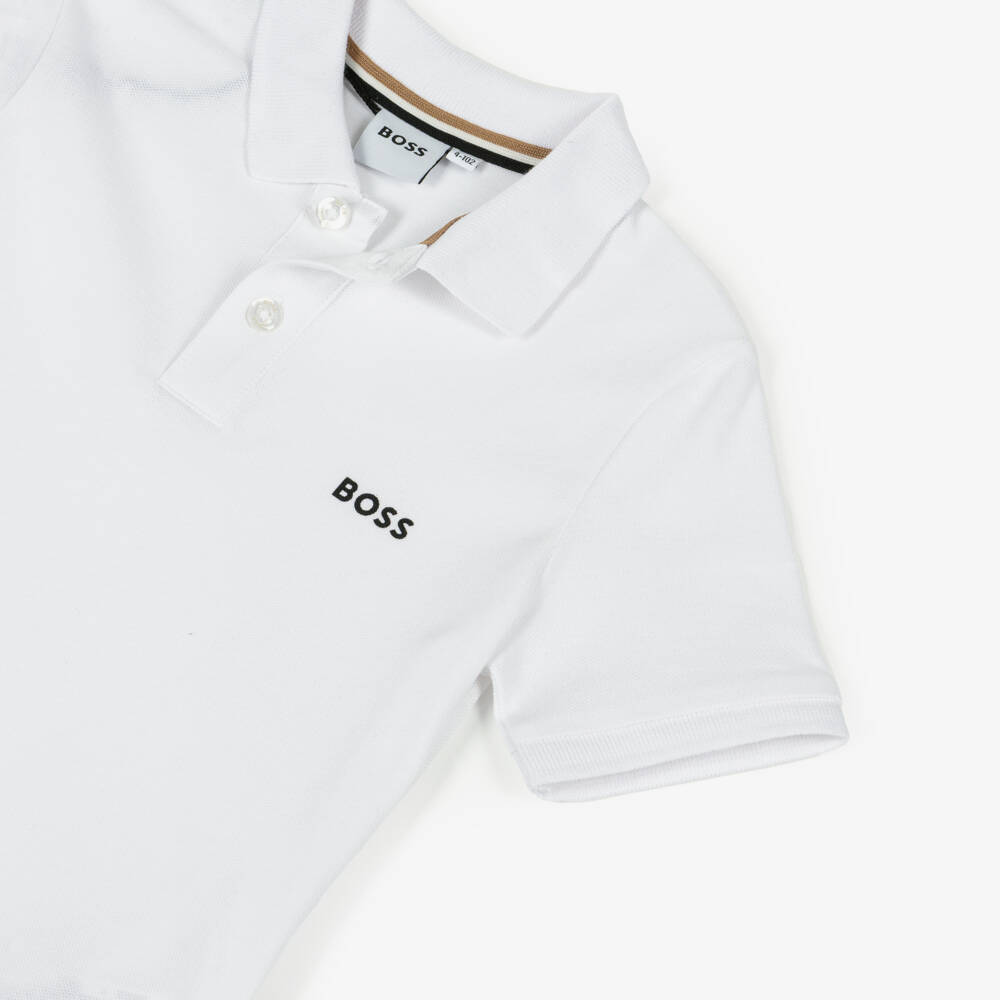 BOSS-Boys White Cotton Piqué Polo Shirt with Logo on the Back | Childrensalon