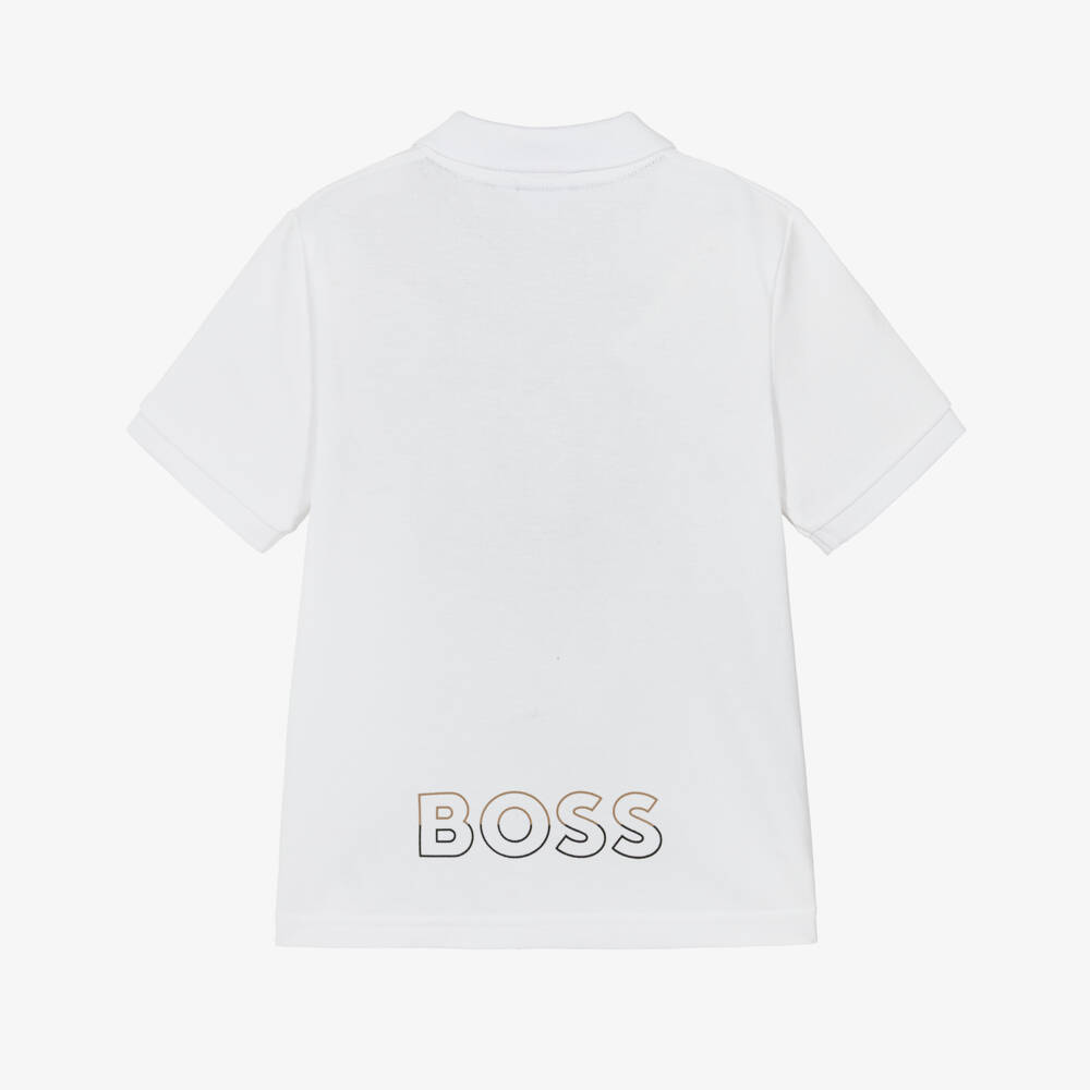 BOSS-Boys White Cotton Piqué Polo Shirt with Logo on the Back | Childrensalon