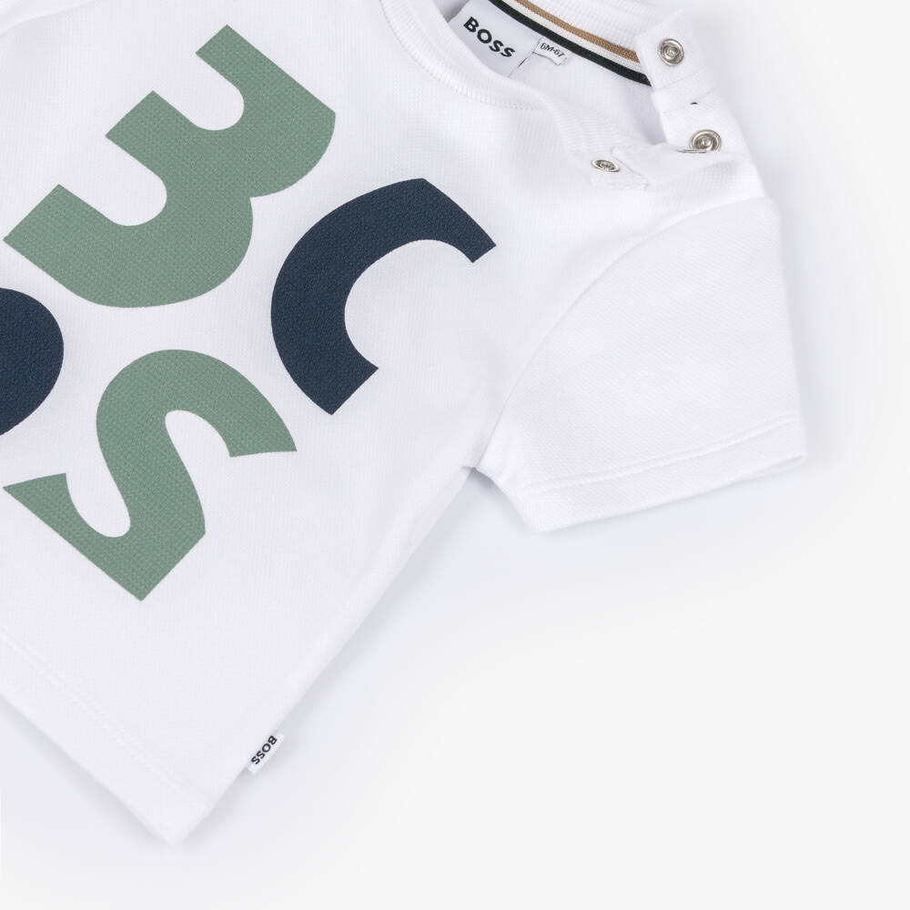 BOSS-تيشيرت قطن بيكيه لون أبيض للأولاد | Childrensalon