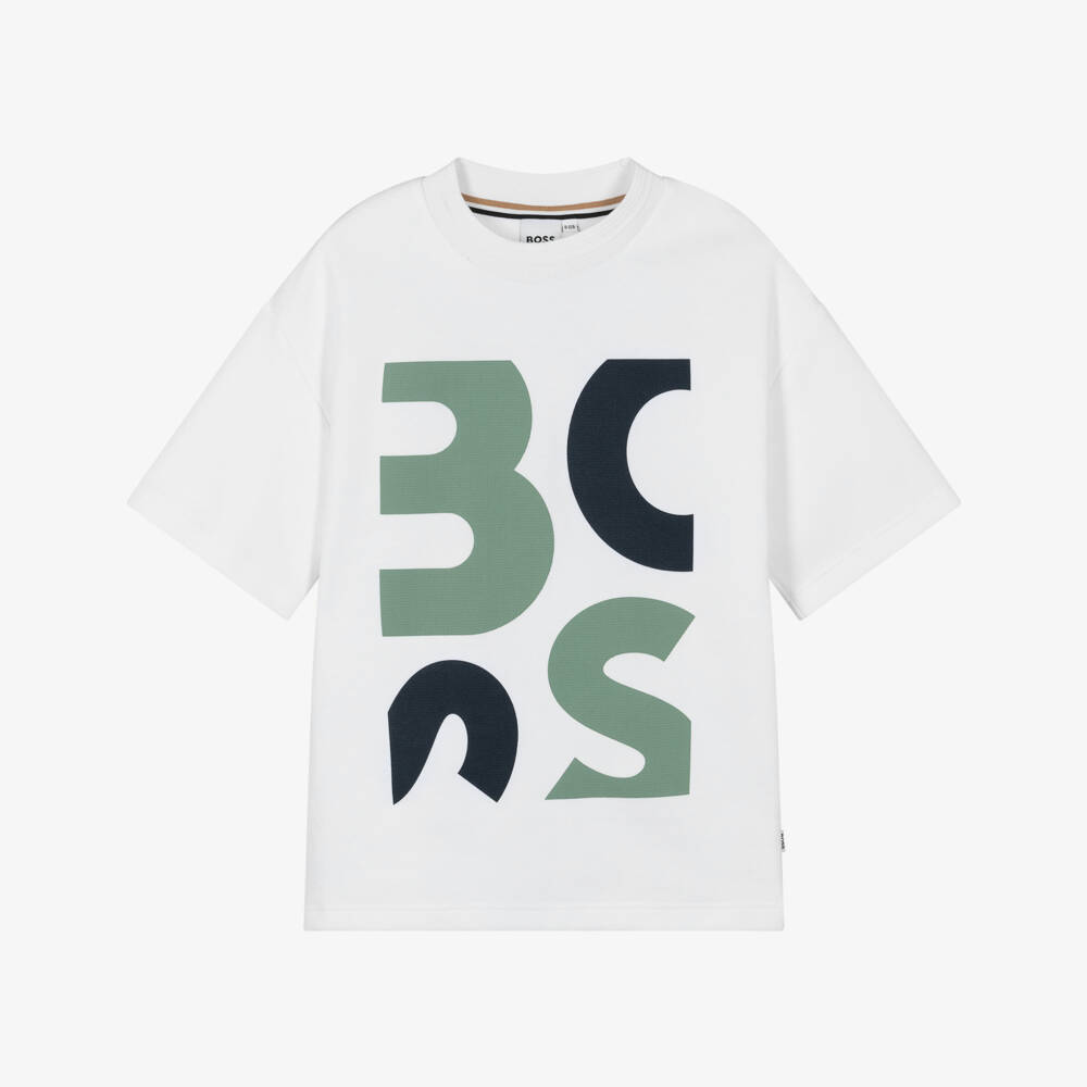 BOSS-Boys White Cotton Piqué T-Shirt with Abstract Logo | Childrensalon