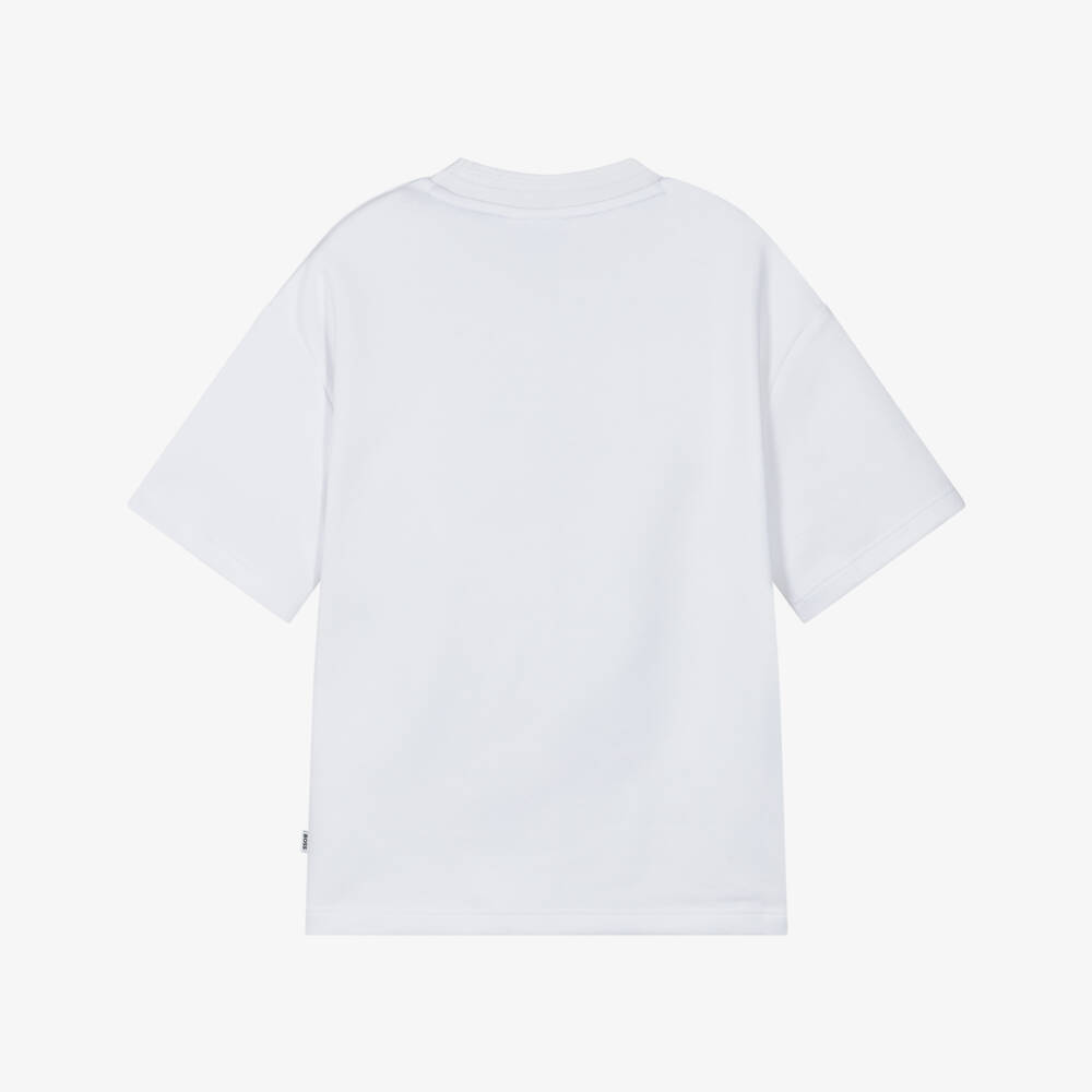 BOSS-Boys White Cotton Piqué T-Shirt with Abstract Logo | Childrensalon