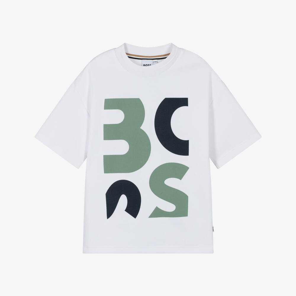 BOSS-Boys White Cotton Piqué T-Shirt with Abstract Logo | Childrensalon