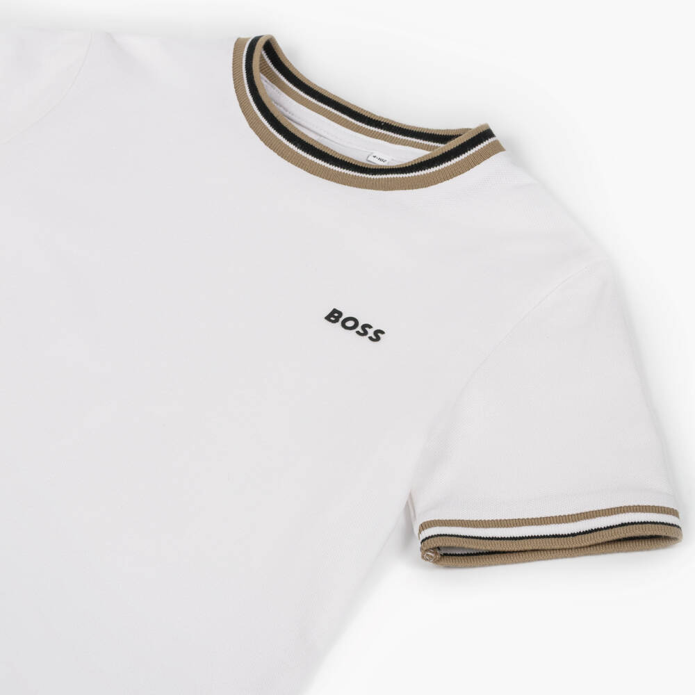BOSS-Boys White Cotton Piqué T-Shirt with Tricolour Trim | Childrensalon