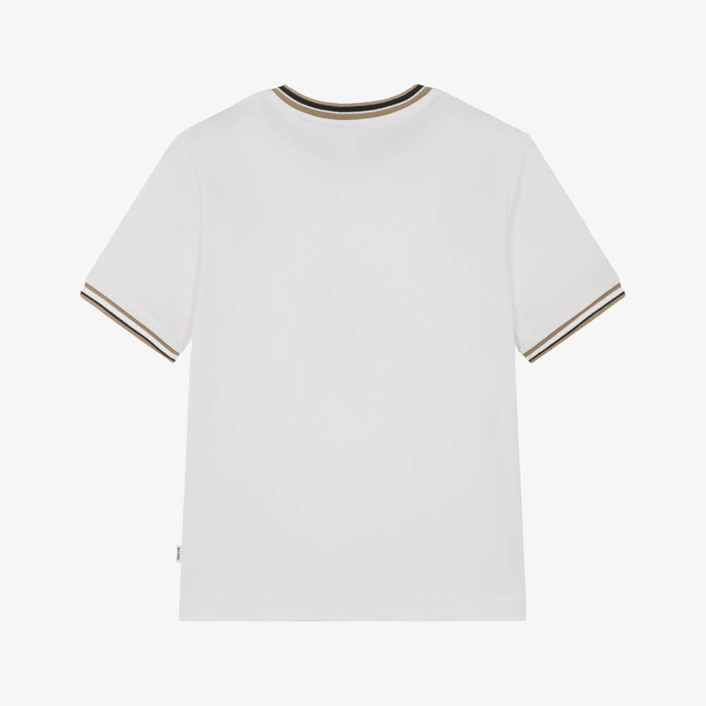 BOSS-Boys White Cotton Piqué T-Shirt with Tricolour Trim | Childrensalon